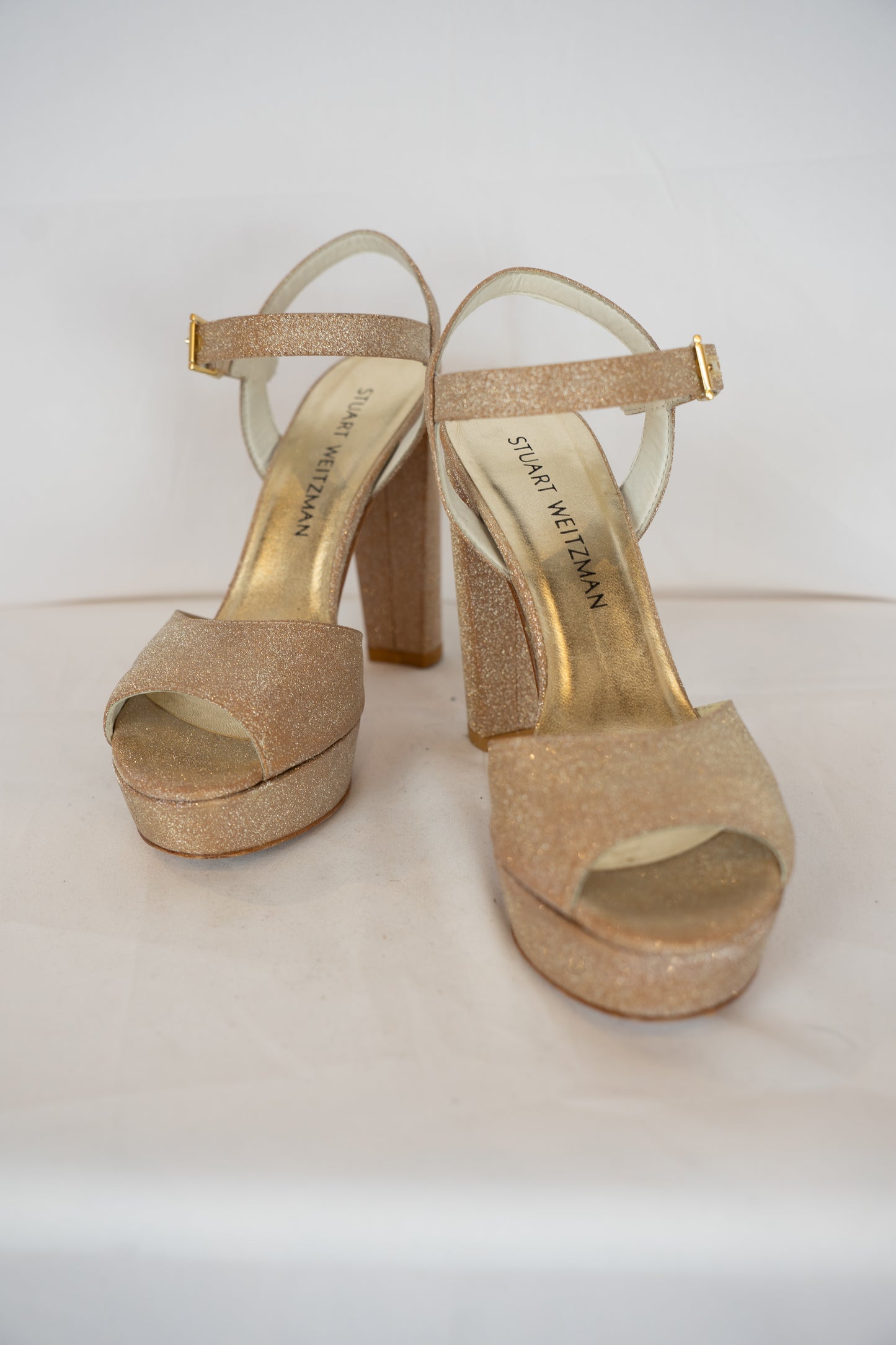 Stuart Weitzman Gold Sparkle Peep Toe Platfom Sandals