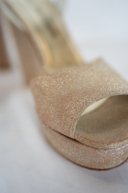 Stuart Weitzman Gold Sparkle Peep Toe Platfom Sandals