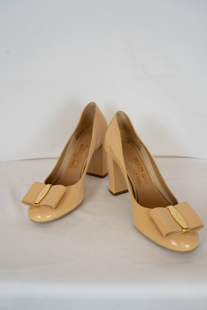 Ferragamo Nude Round Toe Pumps w/ Toe Bow