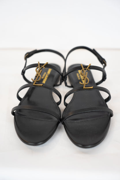 COMES WITH BOX - Saint Laurent Black Tri-Strap Sandal w/ Gold YSL Logo
