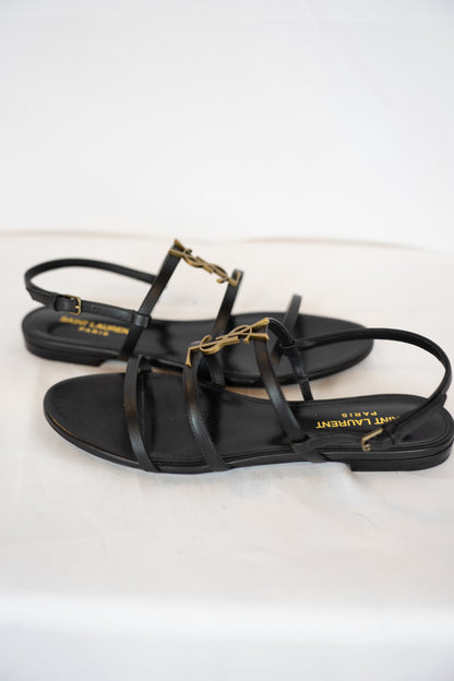 COMES WITH BOX - Saint Laurent Black Tri-Strap Sandal w/ Gold YSL Logo
