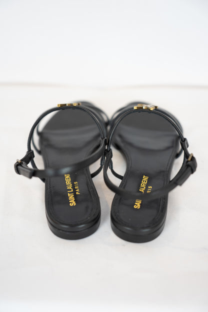 COMES WITH BOX - Saint Laurent Black Tri-Strap Sandal w/ Gold YSL Logo