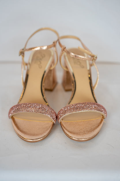 COMES WITH BOX - Jewel Badgley Mischa Rose Gold Rhinestone Block Heels
