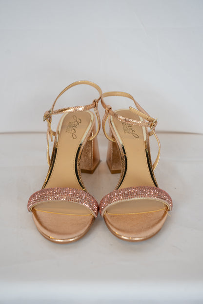 COMES WITH BOX - Jewel Badgley Mischa Rose Gold Rhinestone Block Heels