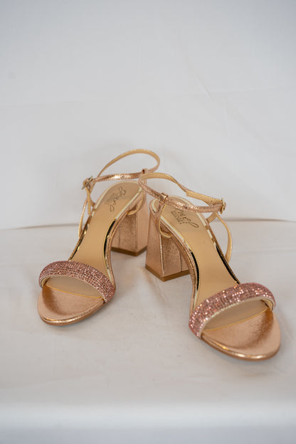 COMES WITH BOX - Jewel Badgley Mischa Rose Gold Rhinestone Block Heels