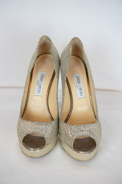 Jimmy Choo Gold Sparkle Peep Toe Heels
