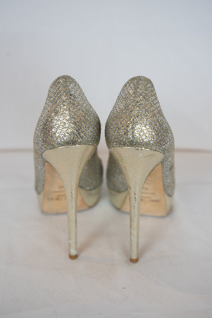 Jimmy Choo Gold Sparkle Peep Toe Heels
