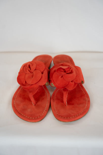 Stuart Weitzman Suede Orange Red Front Flower Sandals w Mini Block Heel