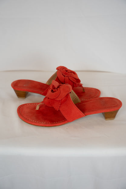 Stuart Weitzman Suede Orange Red Front Flower Sandals w Mini Block Heel