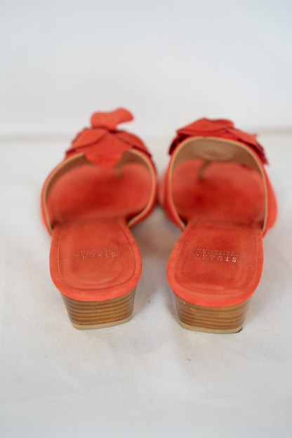 Stuart Weitzman Suede Orange Red Front Flower Sandals w Mini Block Heel