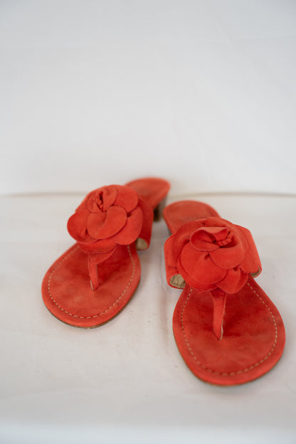 Stuart Weitzman Suede Orange Red Front Flower Sandals w Mini Block Heel