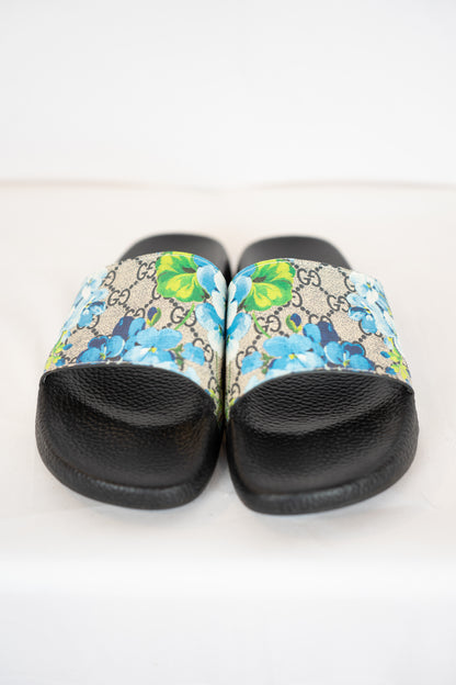 Gucci Monogram & Blue Floral Open Toe Sildes
