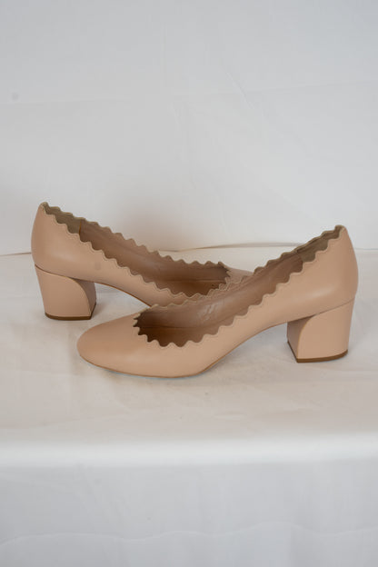 Chloe Leather Scalloped Chunk Heel Round Toe Pumps