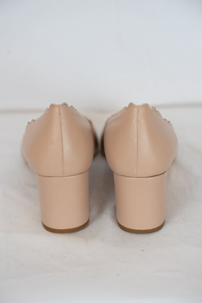 Chloe Leather Scalloped Chunk Heel Round Toe Pumps