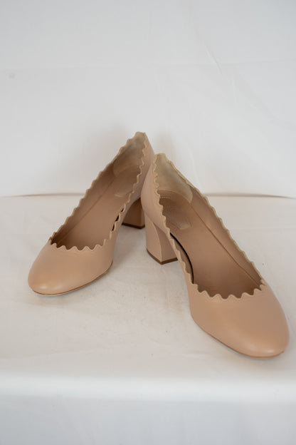 Chloe Leather Scalloped Chunk Heel Round Toe Pumps