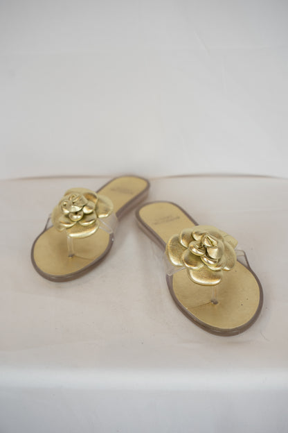 Stuart Weitzman Gold Jelly Flip Flop w/ Flower Detail