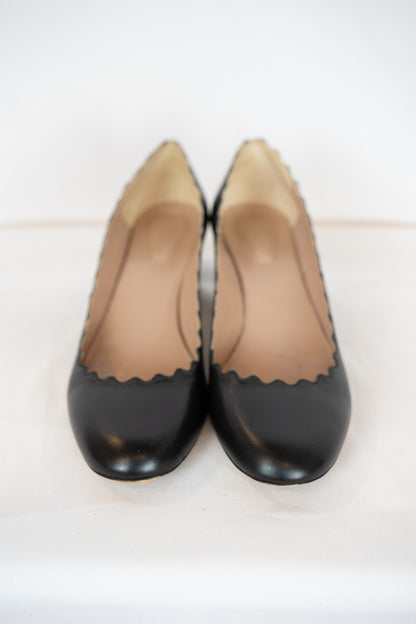 Chloe Black Leather Scalloped Chunk Heel Round Toe Pumps