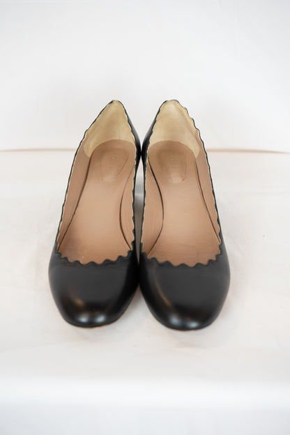 Chloe Black Leather Scalloped Chunk Heel Round Toe Pumps