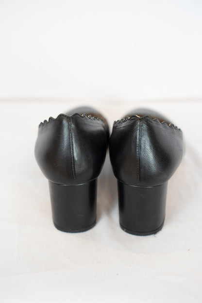 Chloe Black Leather Scalloped Chunk Heel Round Toe Pumps