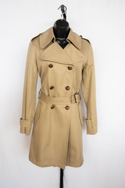 Burberry Khaki Woven Leather Button Up Trench Coat w Belt