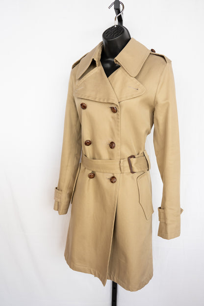 Burberry Khaki Woven Leather Button Up Trench Coat w Belt