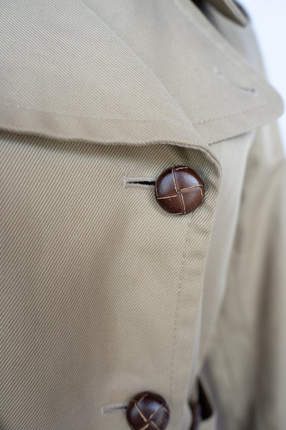 Burberry Khaki Woven Leather Button Up Trench Coat w Belt