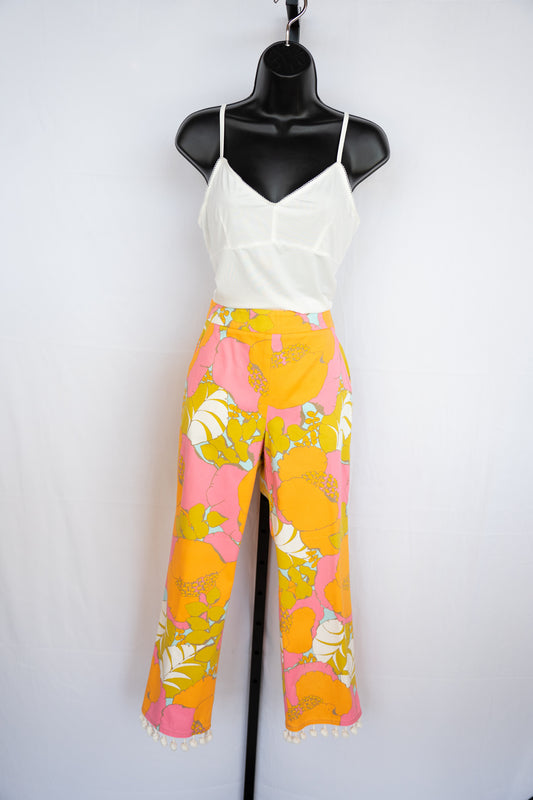 Trina Turk Pink & Orange Floral Pants w/ White Pom Poms on Bottom
