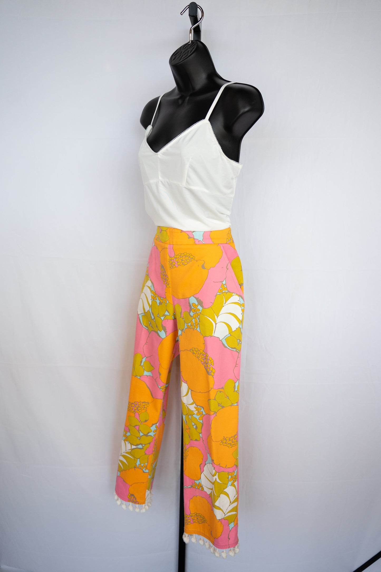 Trina Turk Pink & Orange Floral Pants w/ White Pom Poms on Bottom