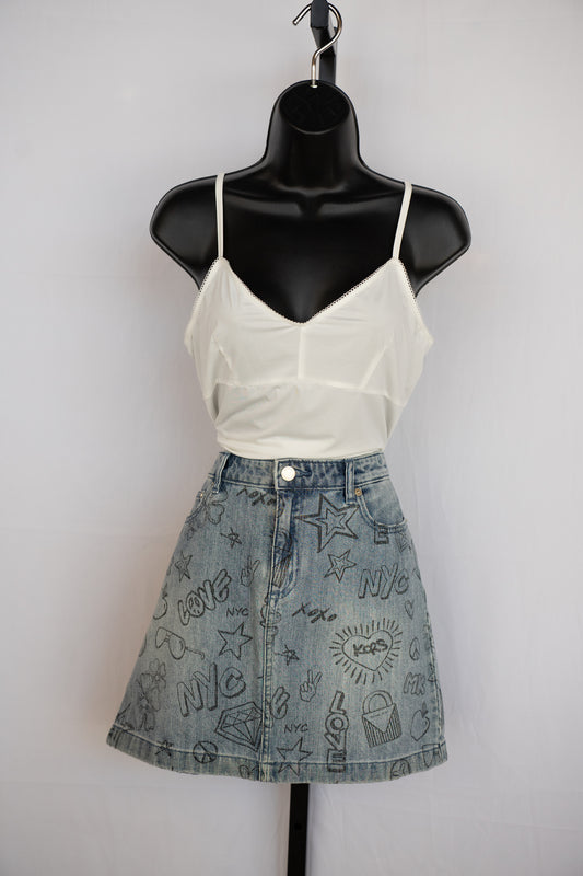 Michael Kors Light Wash Denim Graphic Print Knee-Length Skirt