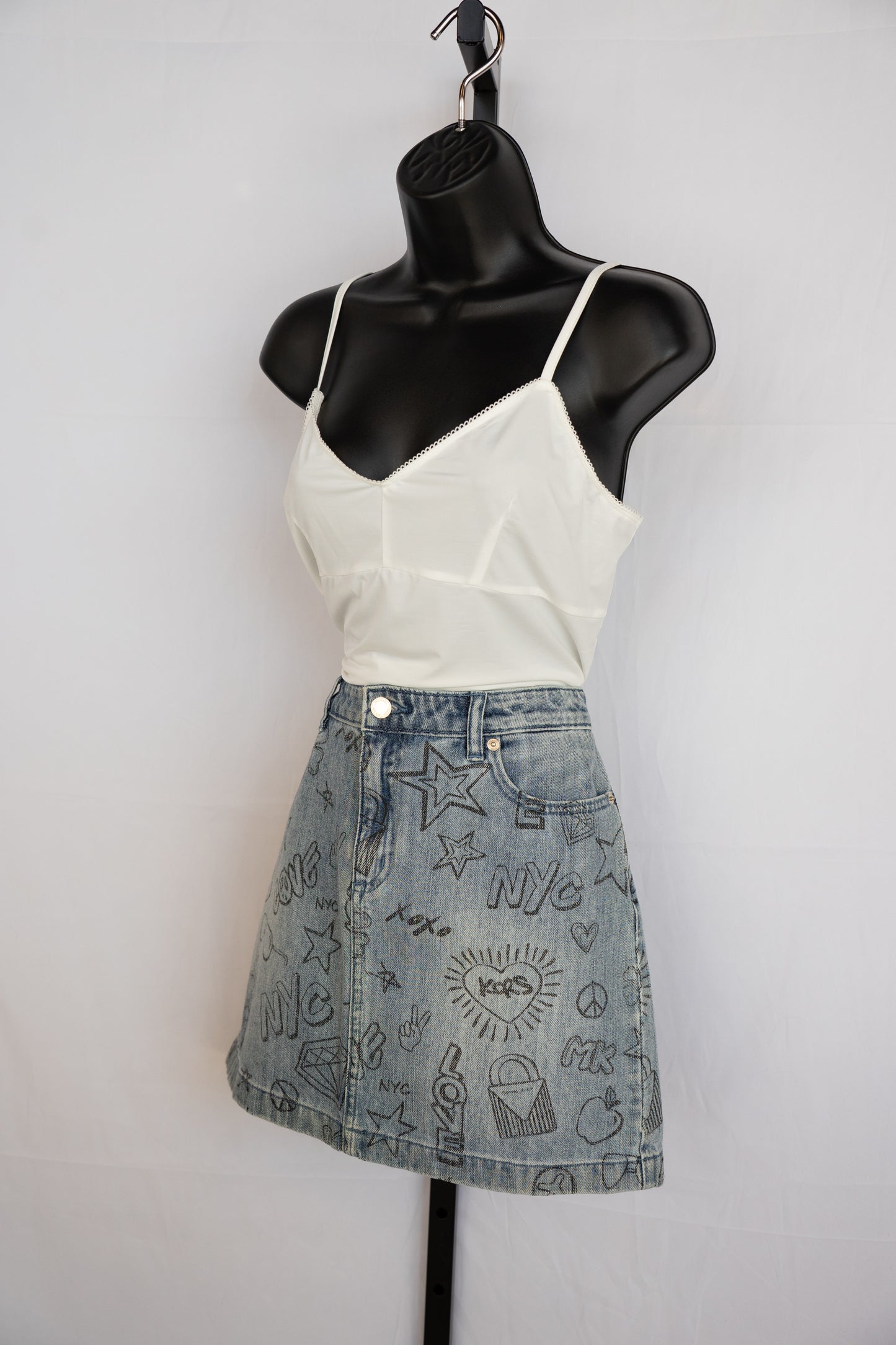 Michael Kors Light Wash Denim Graphic Print Knee-Length Skirt