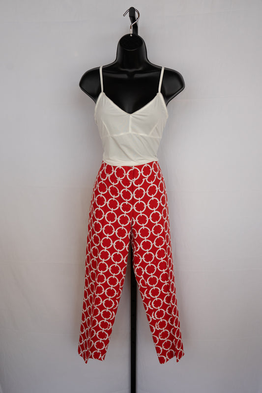 Escada Red Tweed Pants w/ White Connected Circle Detail Straight Leg Pants