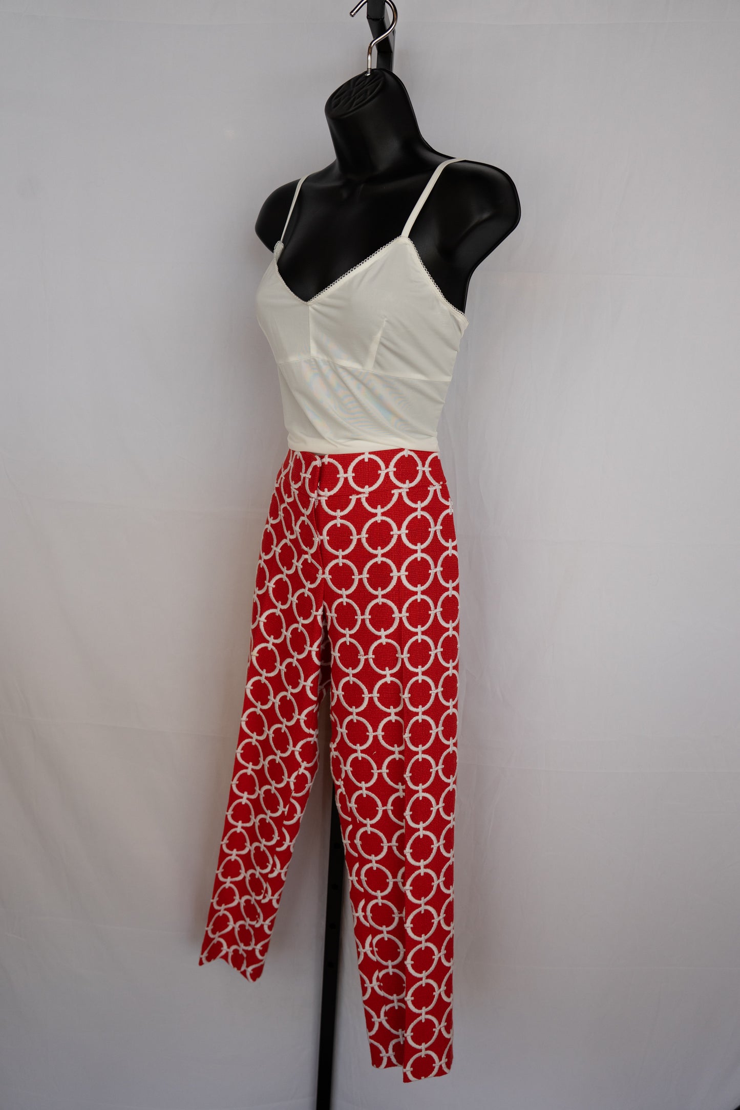 Escada Red Tweed Pants w/ White Connected Circle Detail Straight Leg Pants