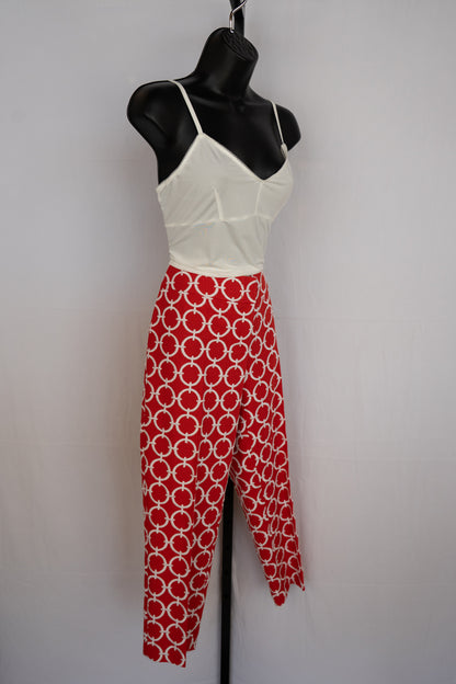 Escada Red Tweed Pants w/ White Connected Circle Detail Straight Leg Pants