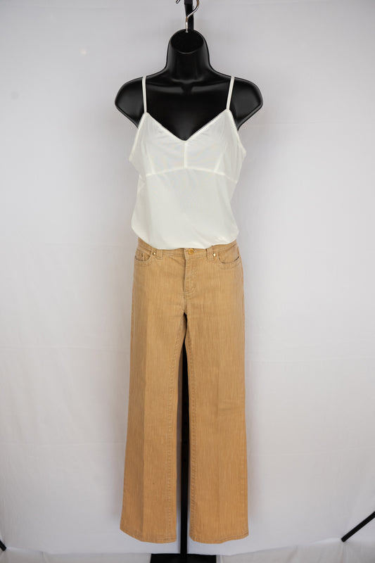 Roberto Cavalli Tan Low-rise Bootcut Pants w/ Gold Rhinestone Plate on Pocket