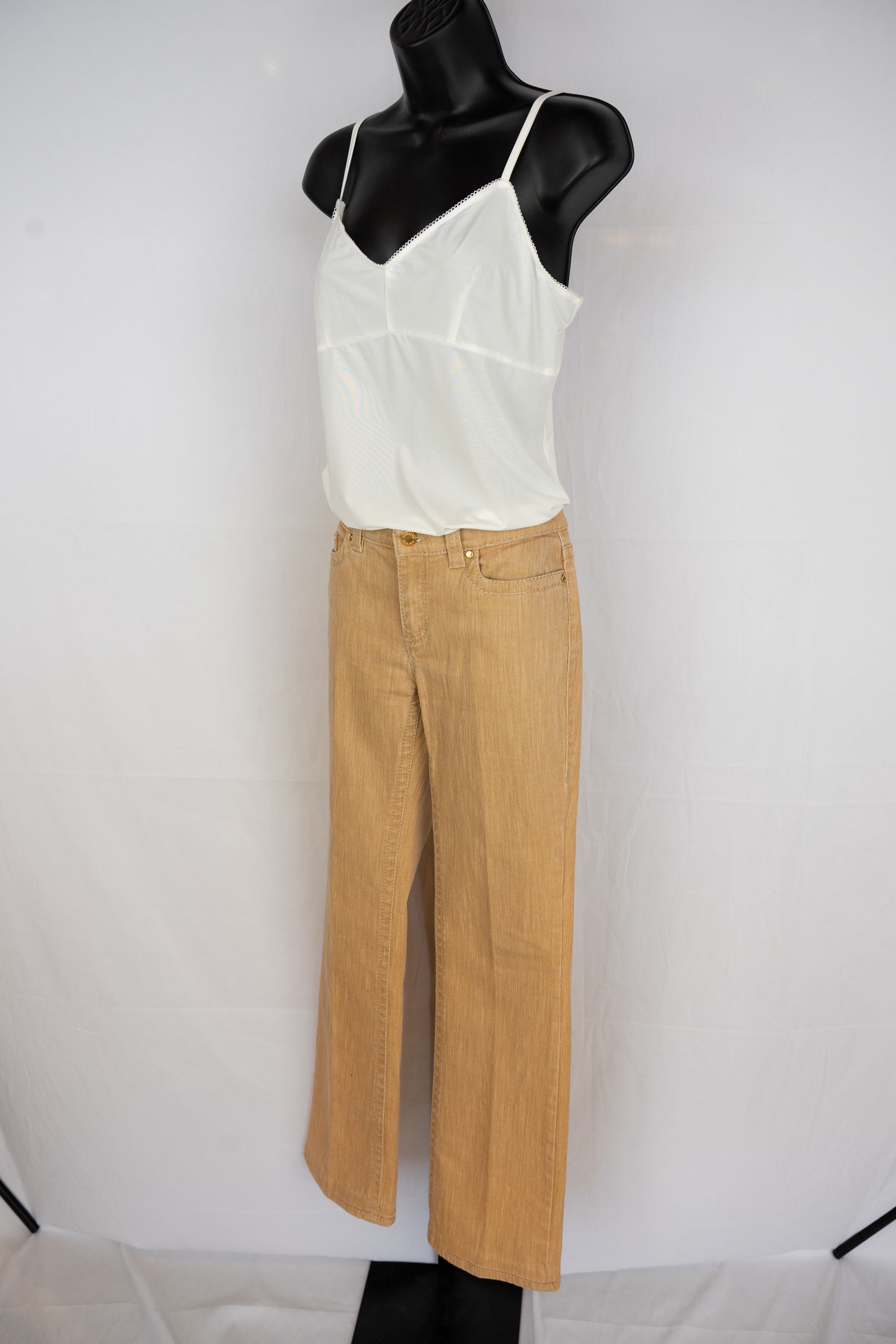 Roberto Cavalli Tan Low-rise Bootcut Pants w/ Gold Rhinestone Plate on Pocket