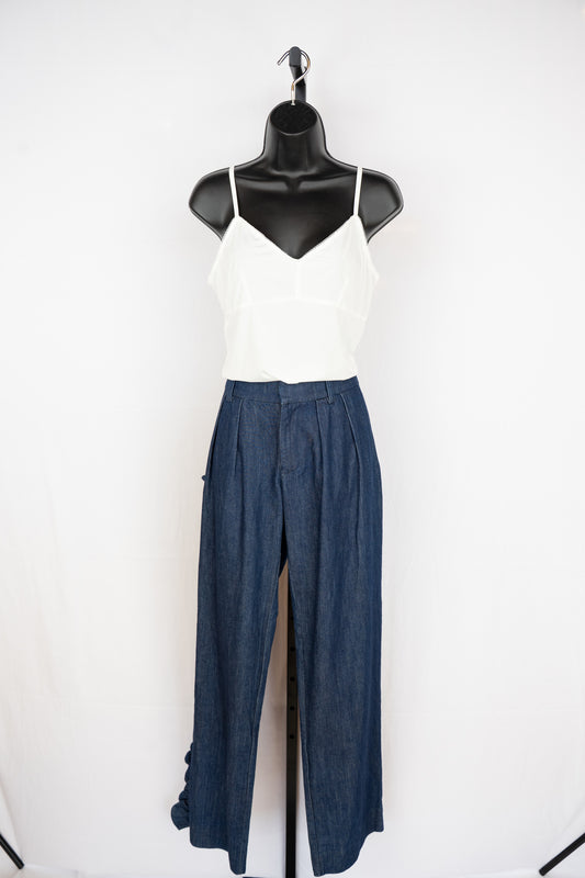 Maggie Marilyn Linen/Silk Dark Denim Straight Leg Pants w/ Side Ruffle NWT