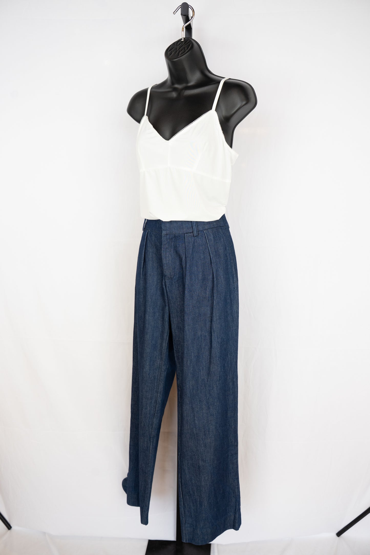 Maggie Marilyn Linen/Silk Dark Denim Straight Leg Pants w/ Side Ruffle NWT