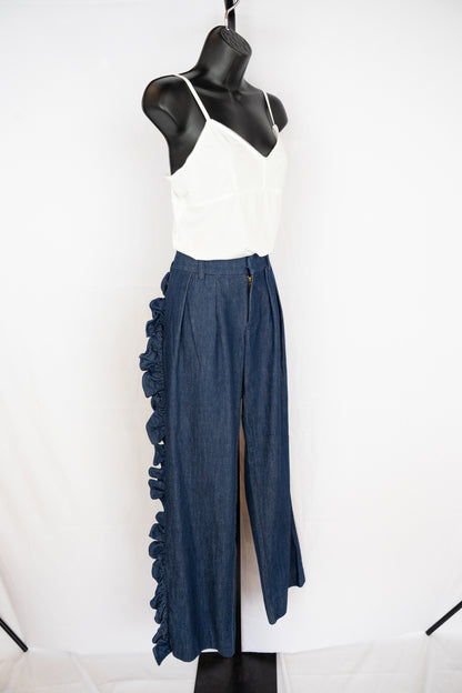 Maggie Marilyn Linen/Silk Dark Denim Straight Leg Pants w/ Side Ruffle NWT
