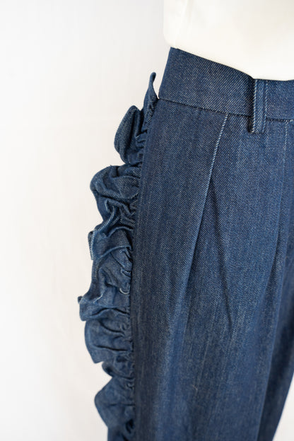 Maggie Marilyn Linen/Silk Dark Denim Straight Leg Pants w/ Side Ruffle NWT