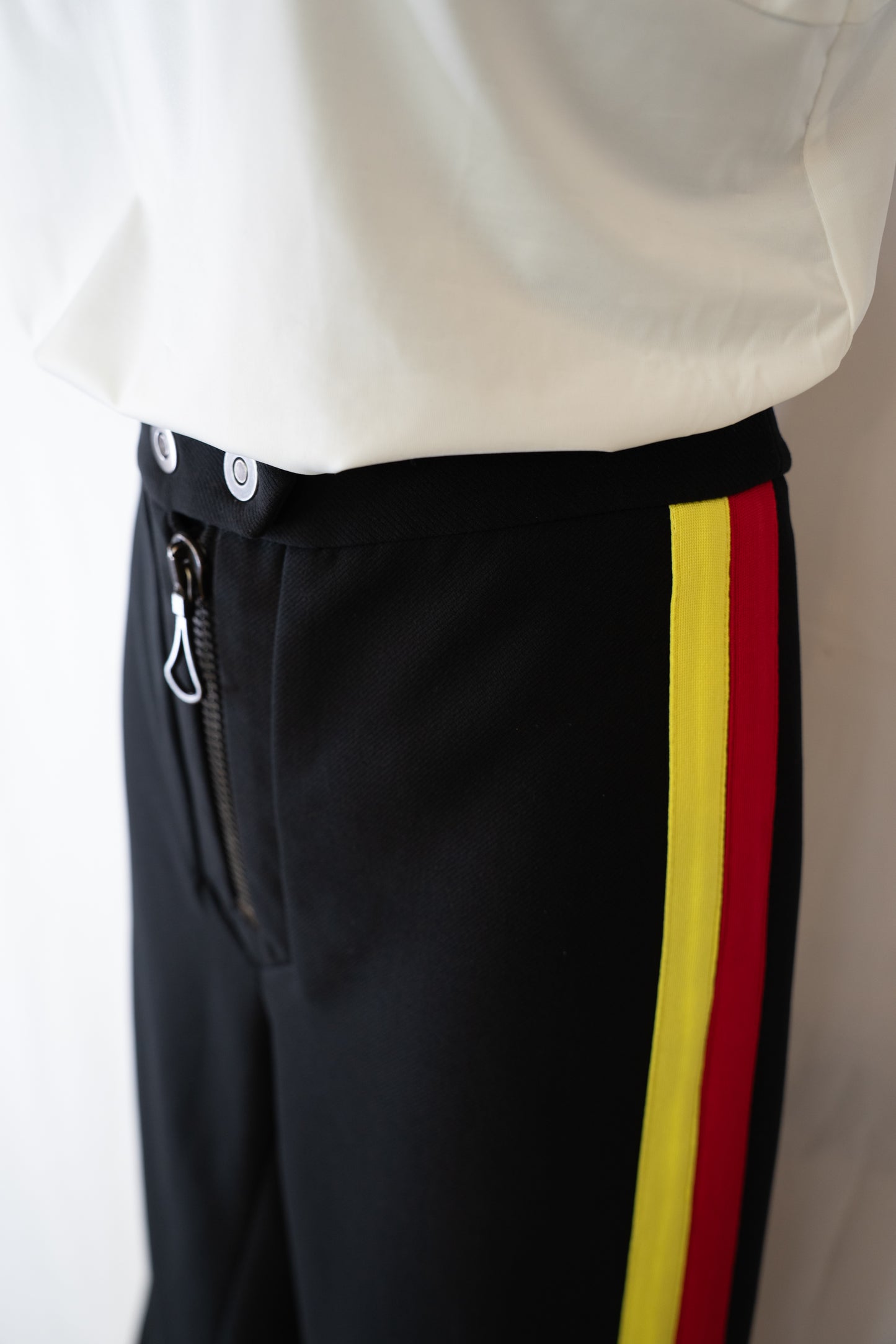 Ellery Black w Red/Yellow Stripe Flare Pants w Large Middle Front Zipper