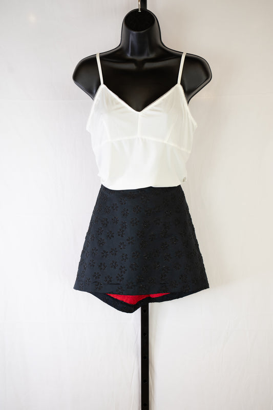Eduardo Lucero Black Satin Mini Skirt w/ Black Beaded Floral Pattern