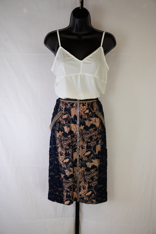 Byron Lars Navy & Gold Beaded, Lace & Floral Midi Skirt w Back Zip