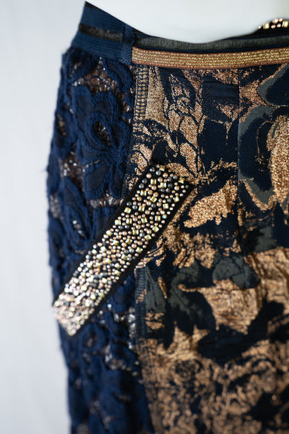 Byron Lars Navy & Gold Beaded, Lace & Floral Midi Skirt w Back Zip