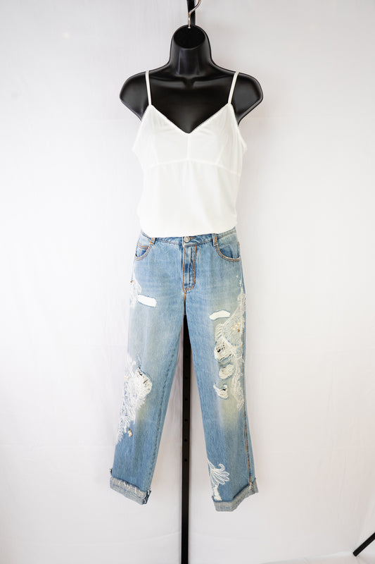 Ermanno Scervino Light Wash Straight Leg Jeans w/ Rhinestone & Lace Detail