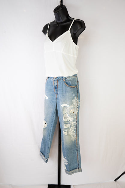 Ermanno Scervino Light Wash Straight Leg Jeans w/ Rhinestone & Lace Detail