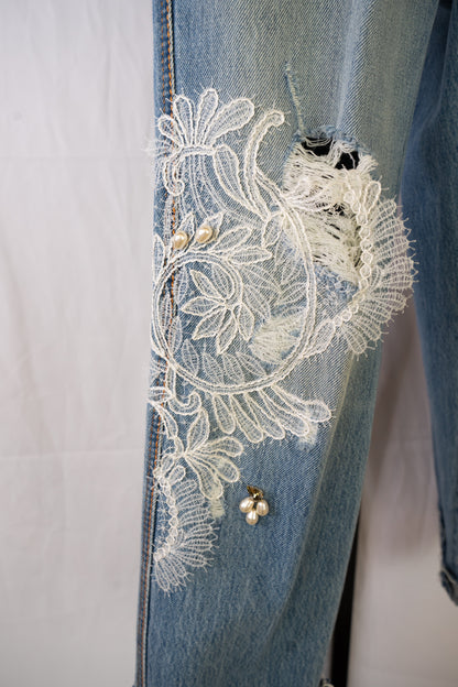 Ermanno Scervino Light Wash Straight Leg Jeans w/ Rhinestone & Lace Detail