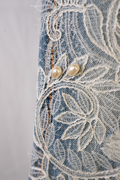 Ermanno Scervino Light Wash Straight Leg Jeans w/ Rhinestone & Lace Detail