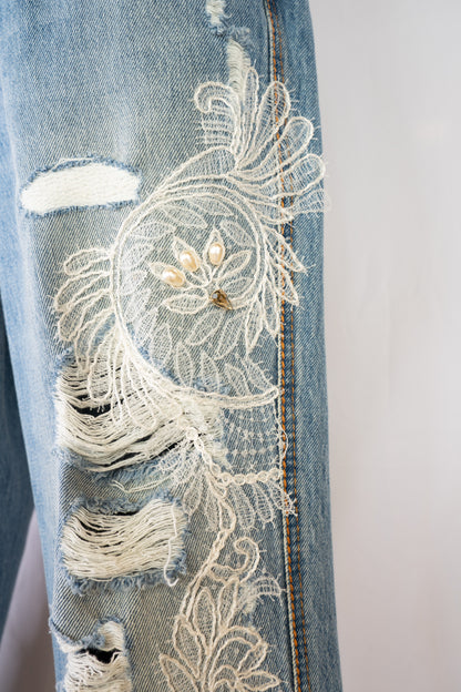 Ermanno Scervino Light Wash Straight Leg Jeans w/ Rhinestone & Lace Detail