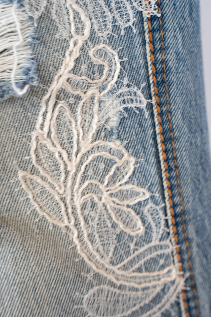 Ermanno Scervino Light Wash Straight Leg Jeans w/ Rhinestone & Lace Detail