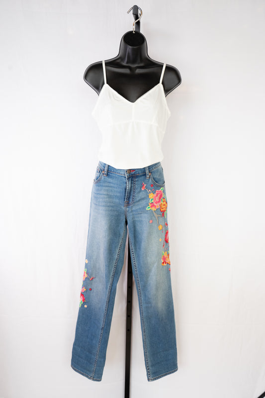Johnny Was Medium Wash Floral Embroidered Mid-Rise Distressed Raw Boot Cut Jeans